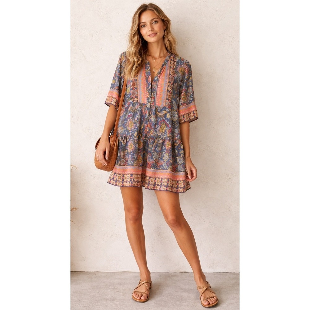 Kiwi Saint Tropez Boho Paisley Dress M Blue Coral Flowy Babydoll Festival Indie